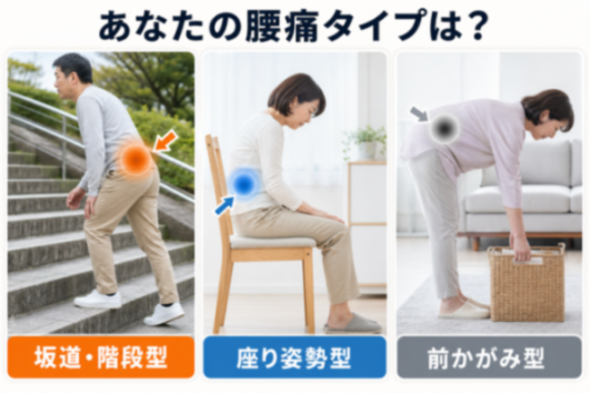 坂道階段型・座り姿勢型・くり返し前かがみ型の腰痛3タイプ比較図
