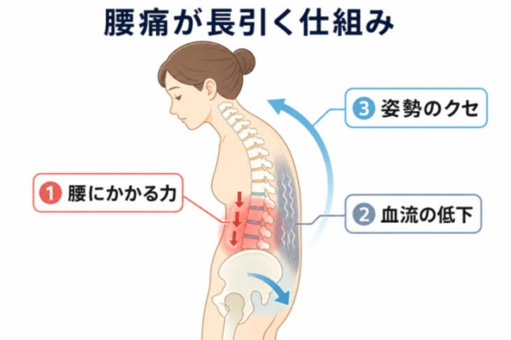 姿勢の崩れで腰の一部に負担が集まる仕組みの図解