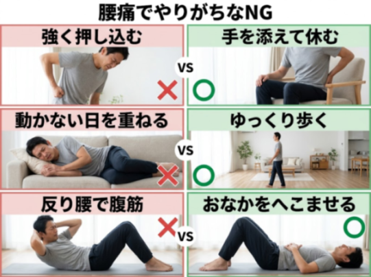 腰痛時のNG行動とOK対処の比較図