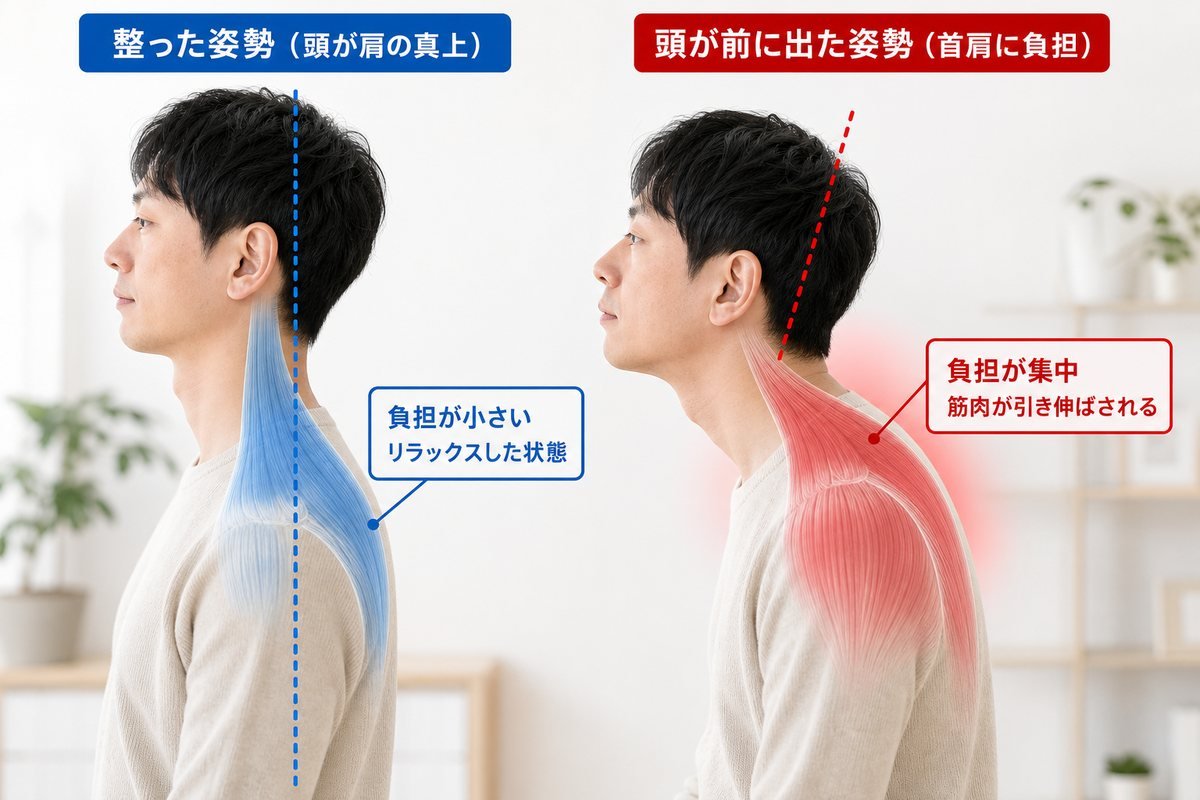 頭の前傾と肩の負担