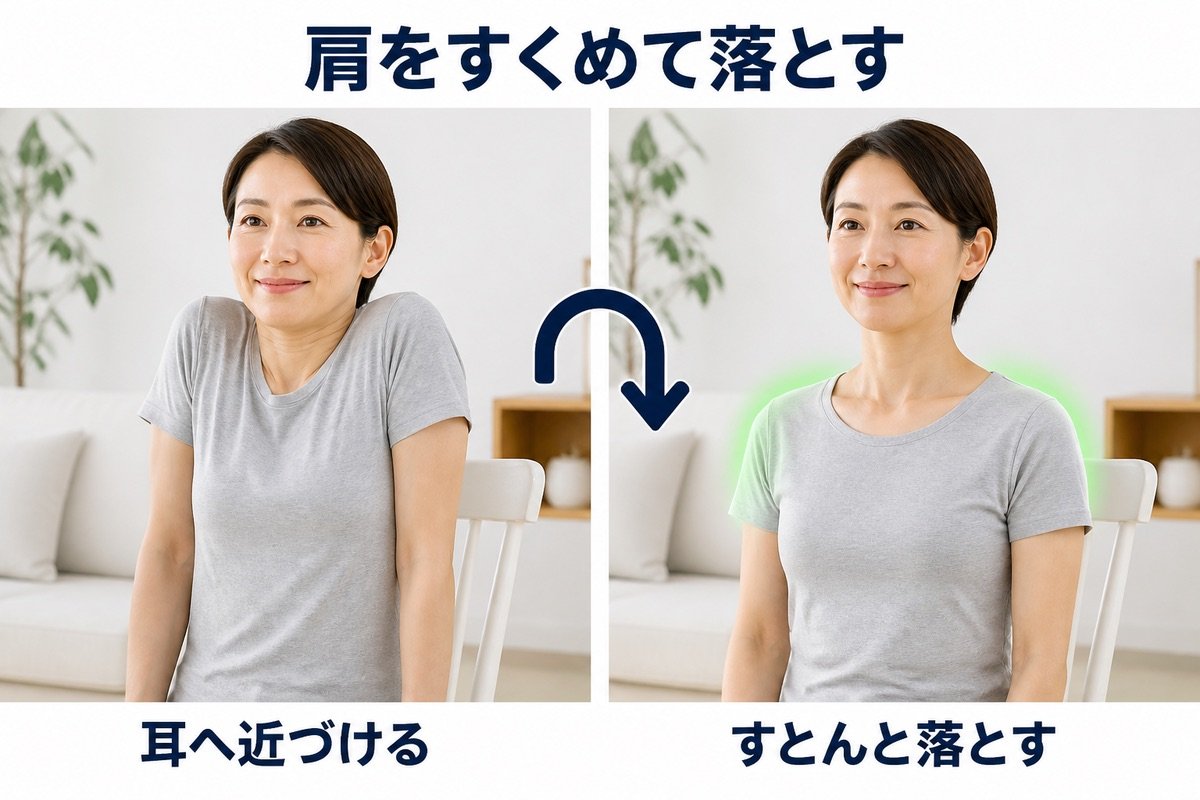 肩をすくめて落とす
