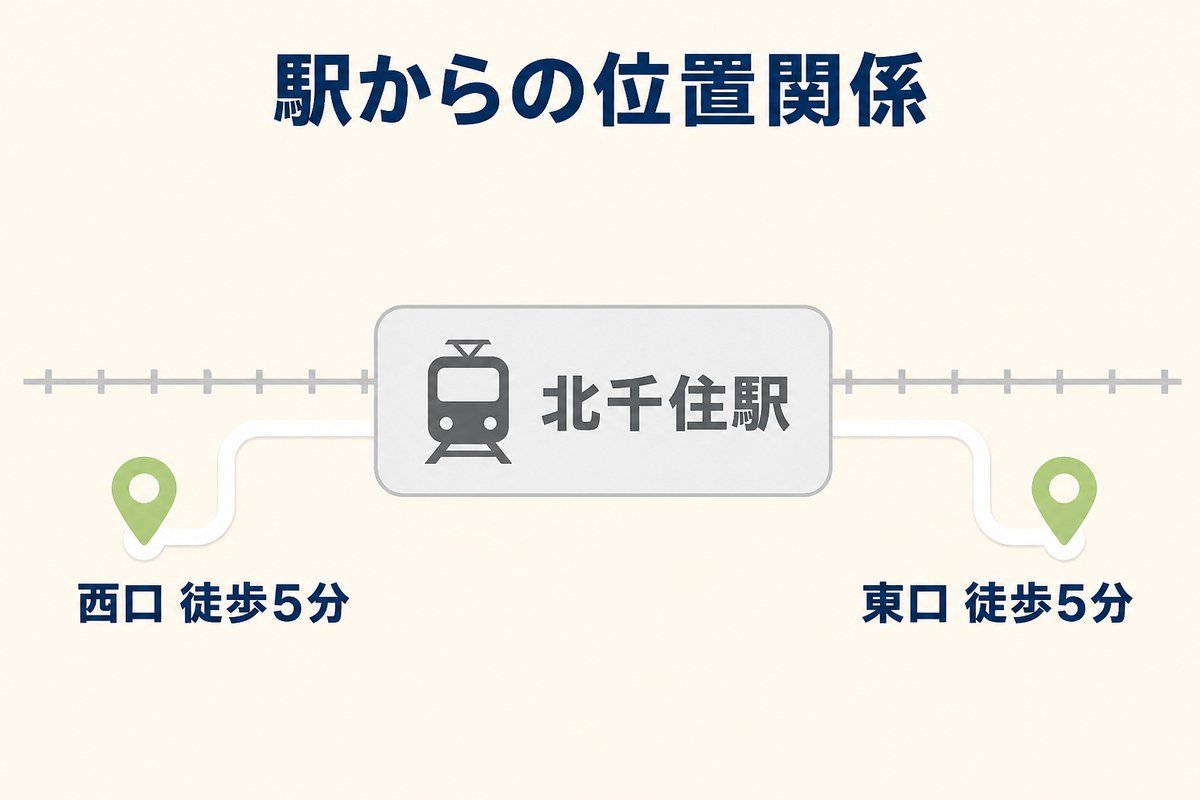 北千住駅の西口・東口と各院の位置関係