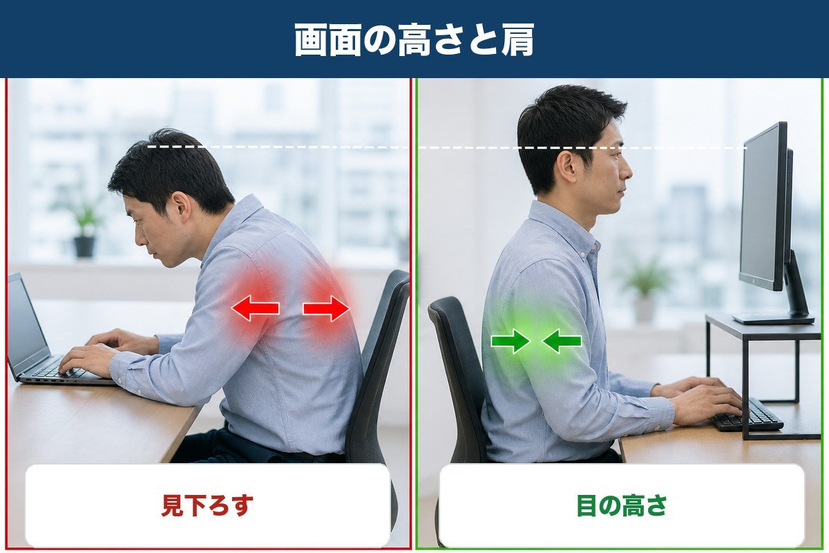 画面を見下ろす姿勢と画面の上端を目の高さに合わせた姿勢の比較