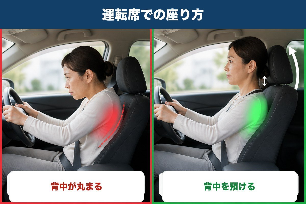 運転席で背中が丸まった姿勢と背中を背もたれに預けた姿勢の比較