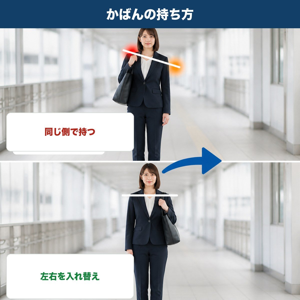 かばんを同じ側で持つ立ち姿と左右を入れ替えた立ち姿の比較