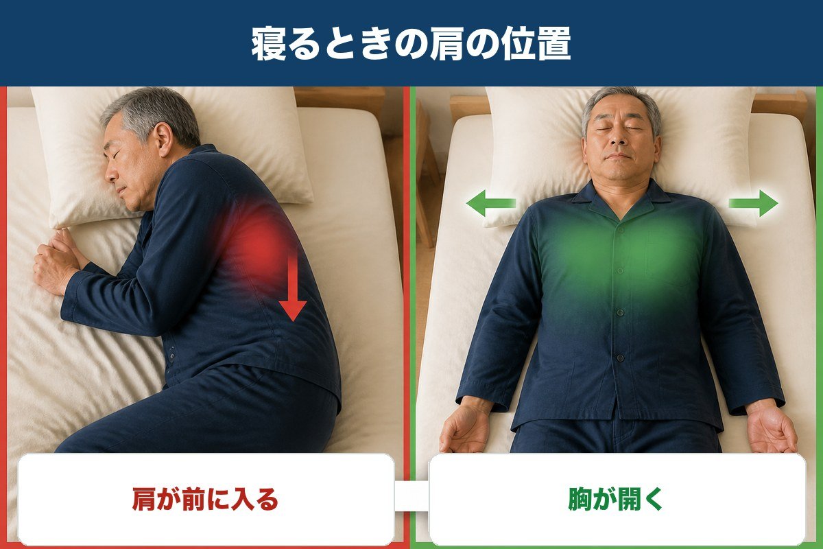 横向きで肩が前に入った寝姿勢とあお向けで胸が開いた寝姿勢の比較