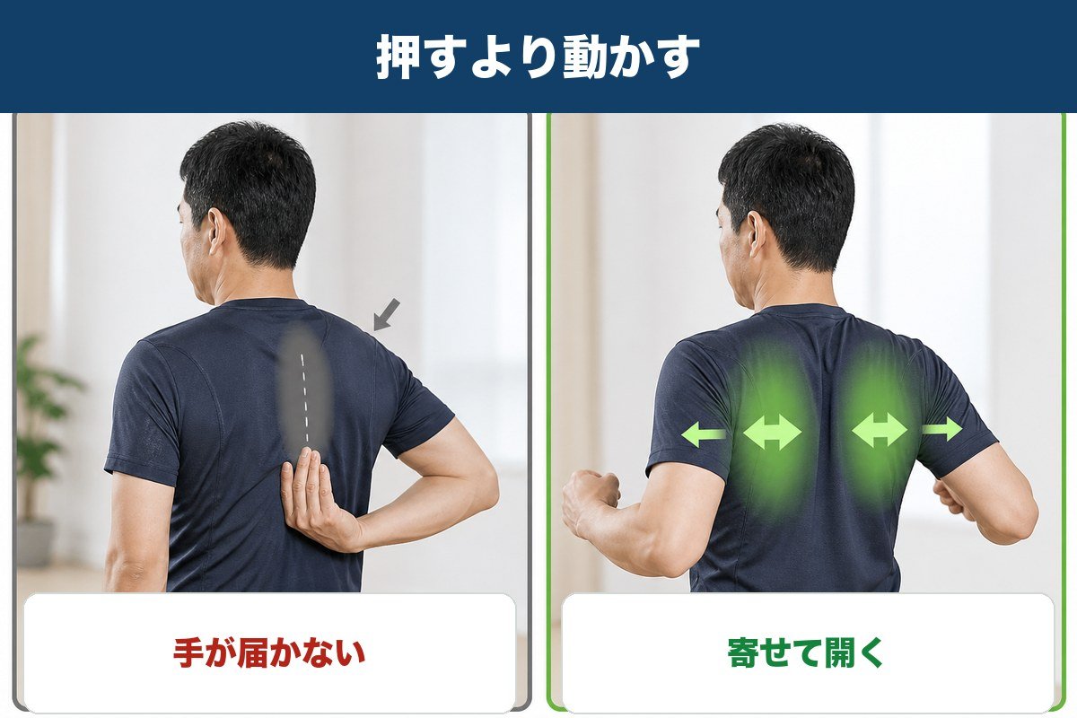 背中に手が届かない様子と肩甲骨を寄せて開く動きの比較