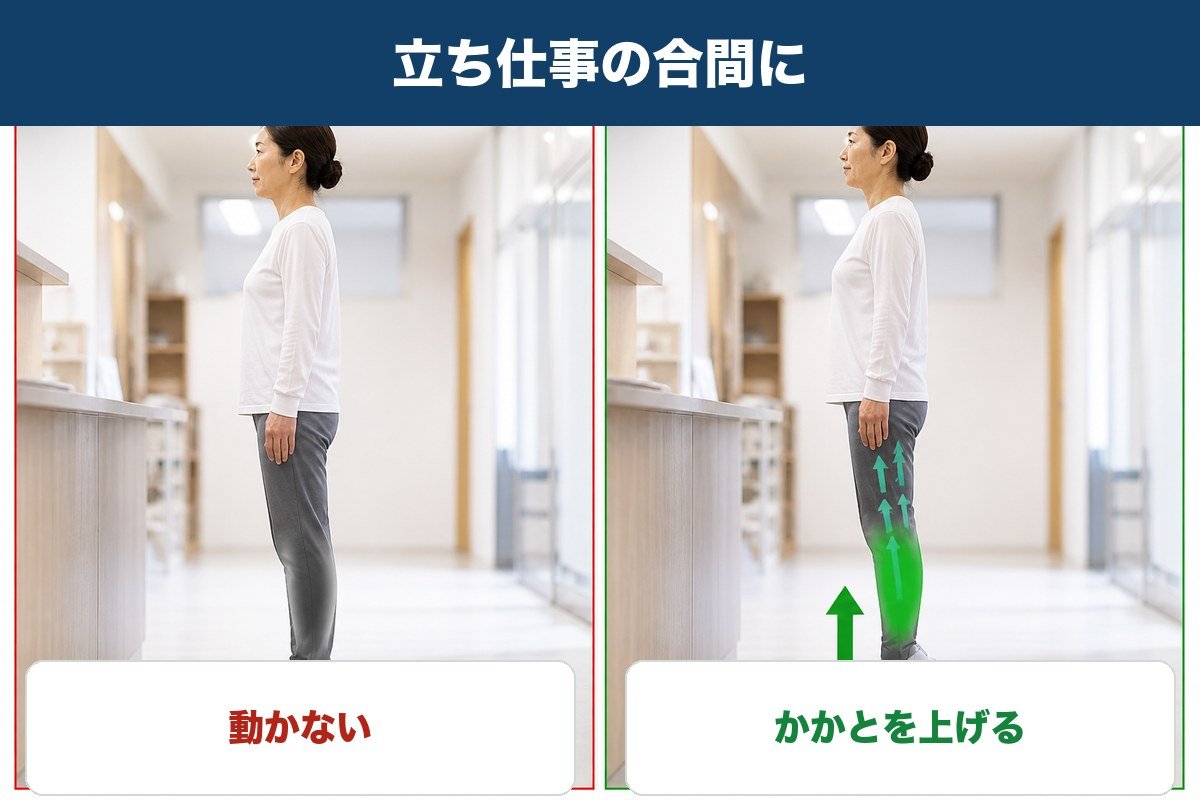 立ったまま動かない姿勢とその場でかかとを上げる姿勢の比較