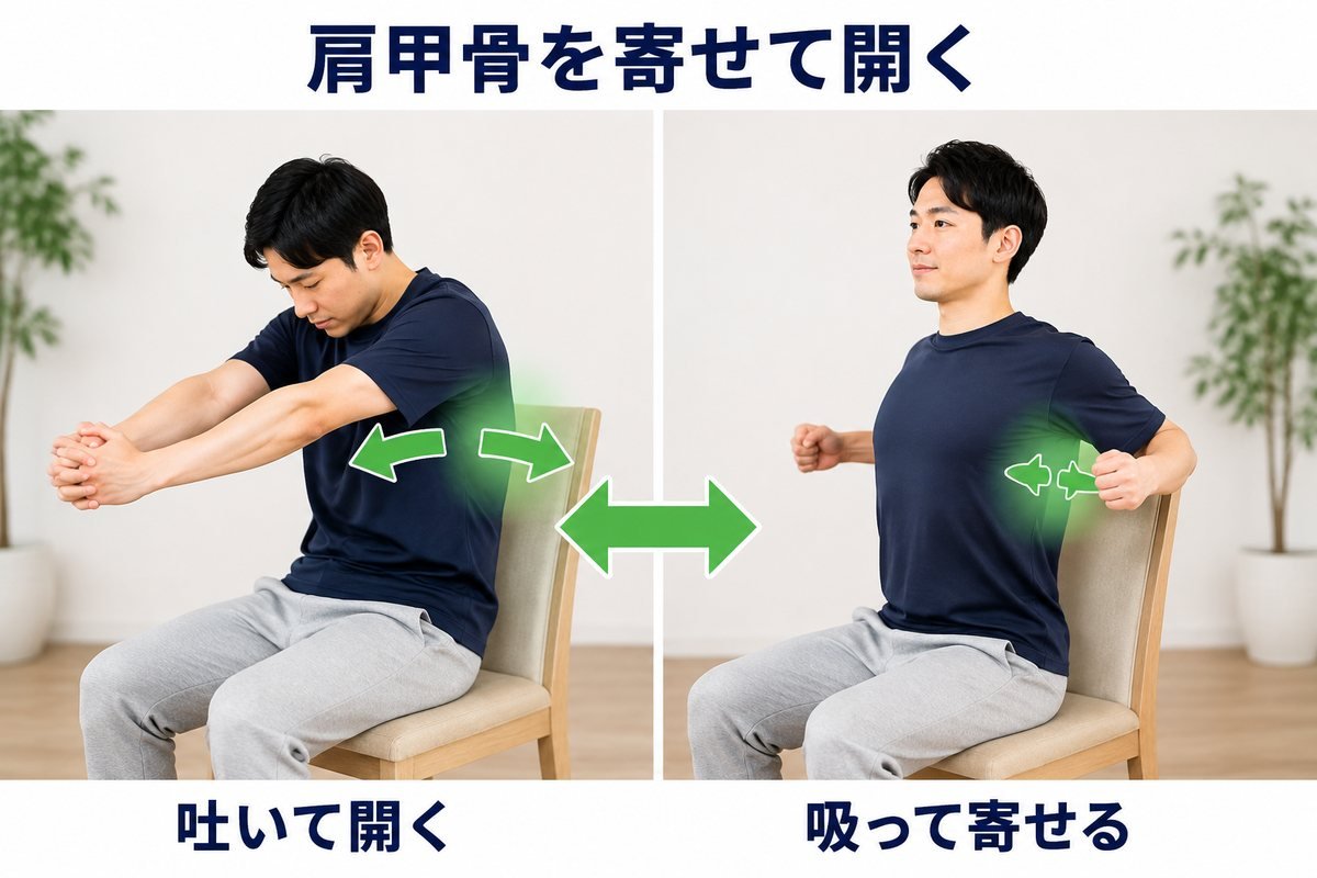 肩甲骨を寄せて開くケア