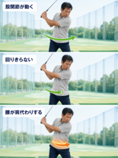 ゴルフの腰痛が起こる流れ｜股関節の動き不足を腰が肩代わりしてねじれが集中する3段の図