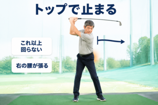 タイプ①ひねり詰まり型｜トップで回転が止まり腰の右側に負担が集まる図
