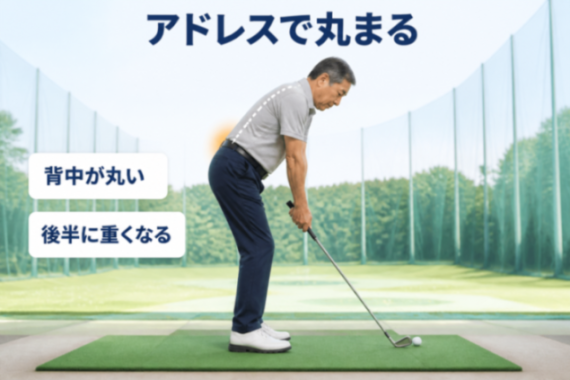 タイプ③前かがみ型｜アドレスで背中が丸まる姿勢と骨盤から倒す前傾の比較図