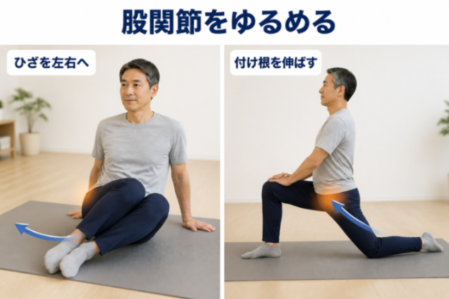 股関節のワイパー運動とランジ｜内向きのひねりを戻す手順図