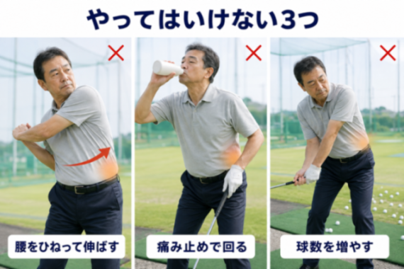 ゴルフの腰痛3つのNG行動｜無理なひねり・痛み止めでのラウンド・様子見のままの練習