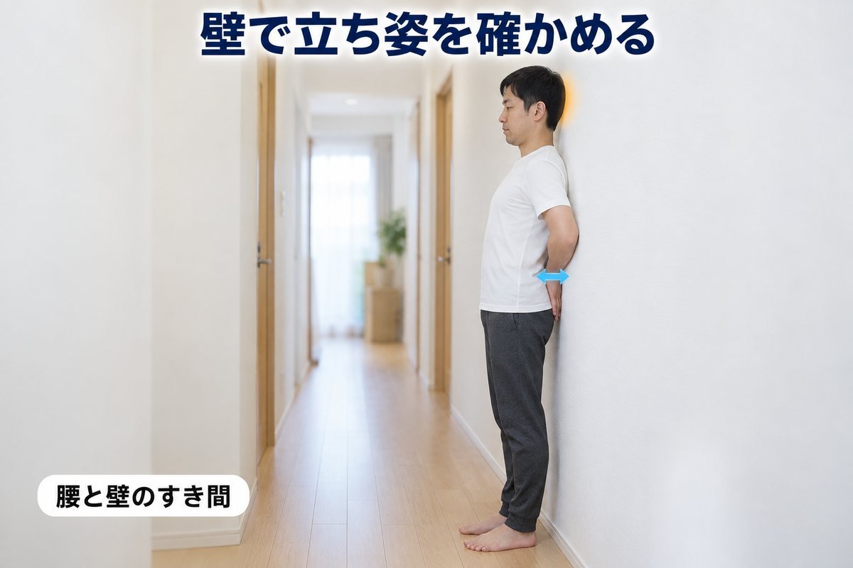壁で立ち姿を確かめる