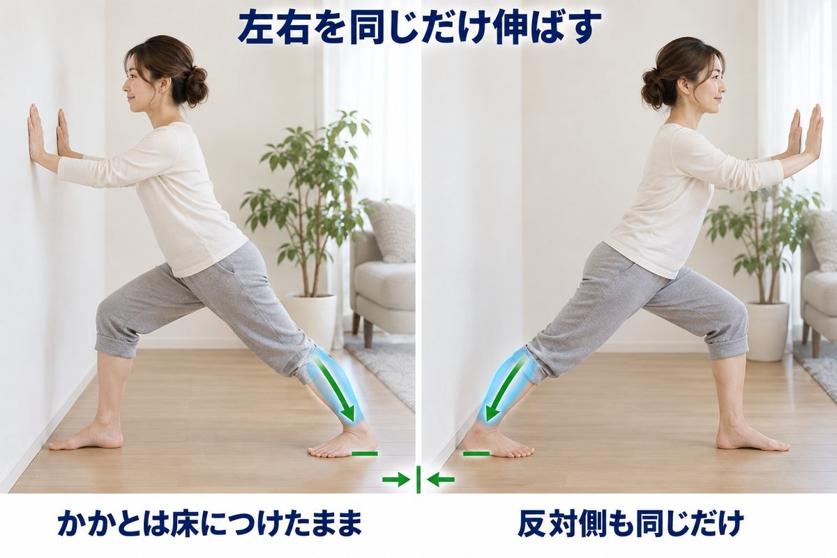 ふくらはぎを左右そろえて伸ばす
