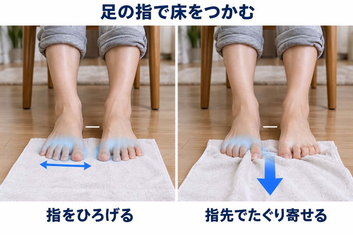 タオルギャザーで足指を使う