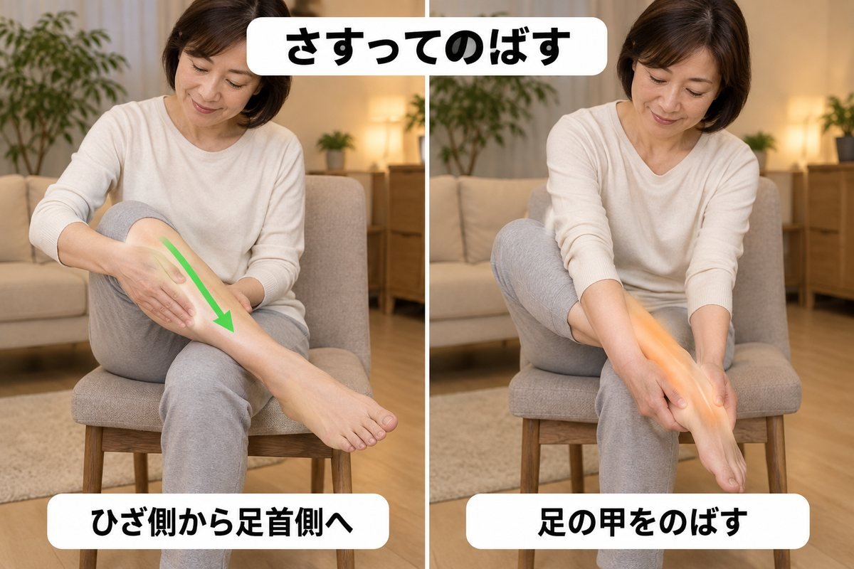 すねの外側をさすって足の甲を伸ばす