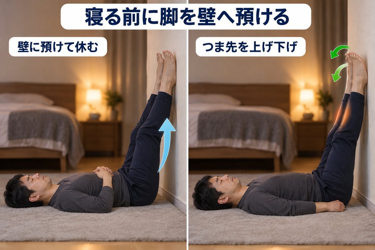 寝る前に脚を壁へ預ける