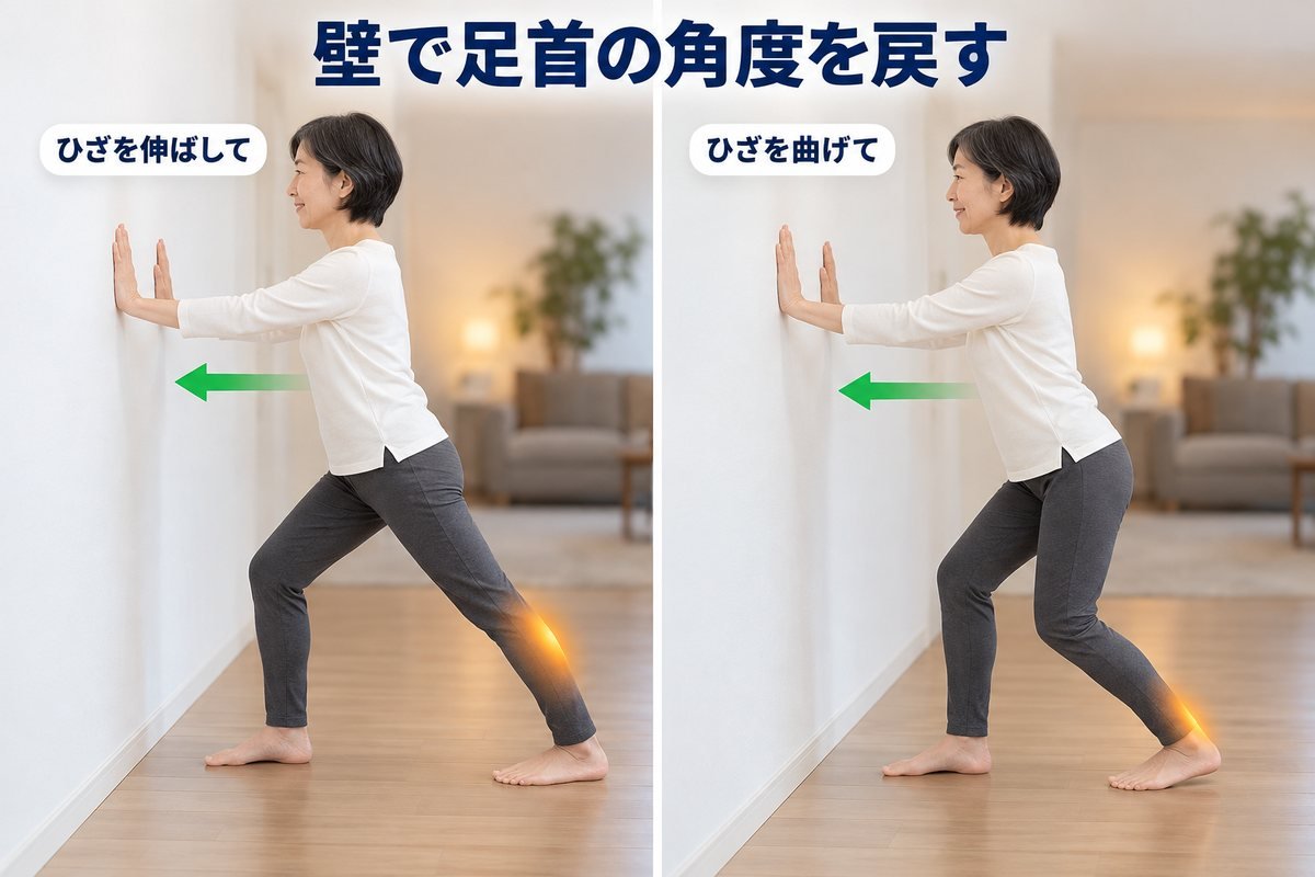 壁で足首の角度を戻す