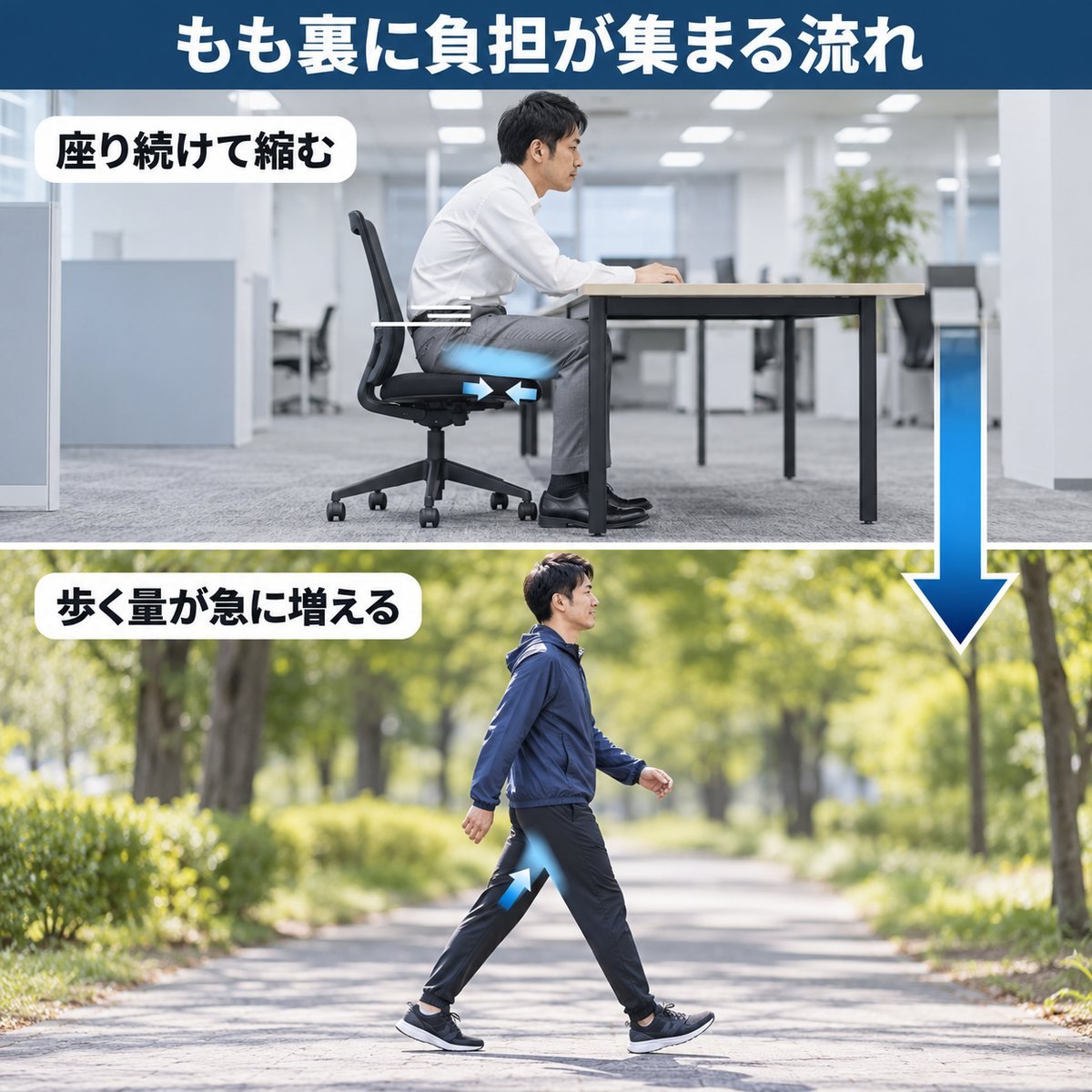 もも裏に負担が集まるメカニズム図