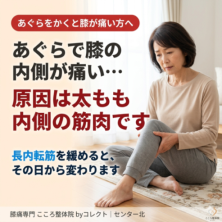 膝の内側を押すと痛い！！あぐらで膝の内側が痛い原因｜長内転筋の硬さと半月板の関係・自分でできる改善法