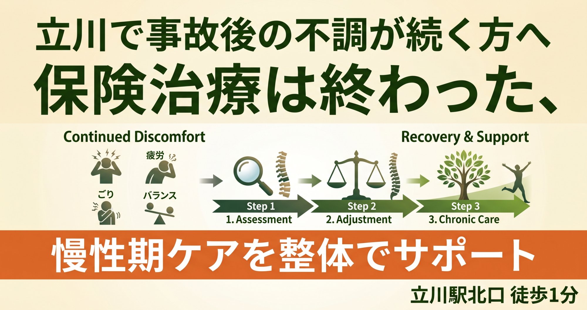 立川で交通事故後に慢性的な不調が残る方へ｜保険治療の後に整体がサポートできることを院長解説 | ココロカラダメディカル整体院 立川北口院