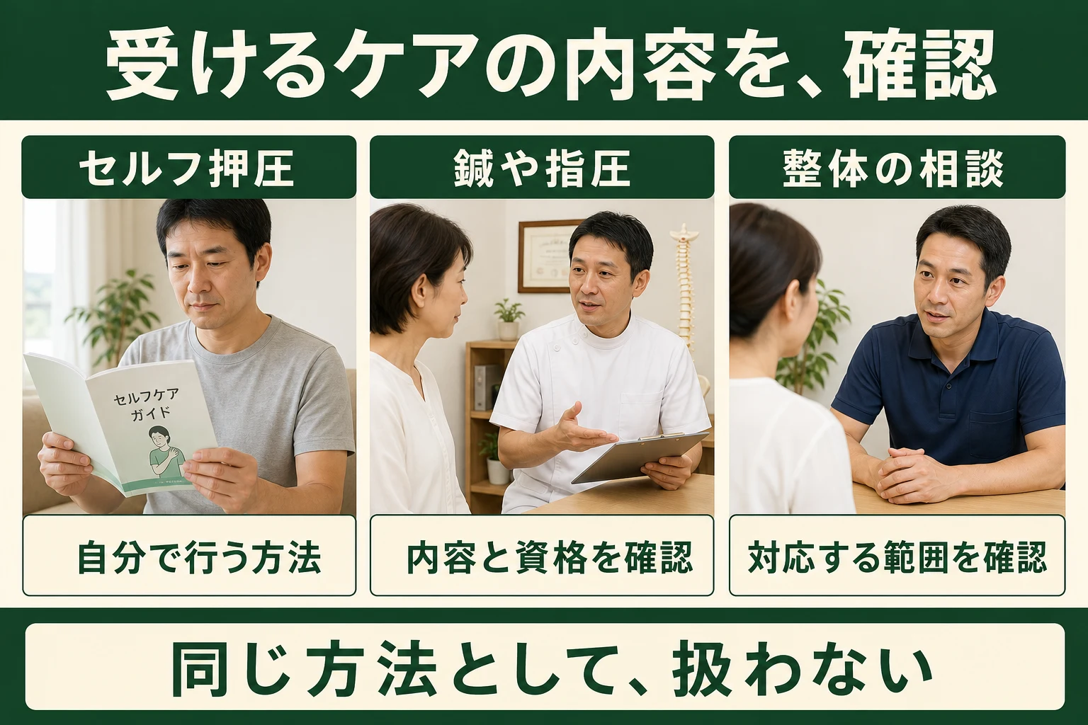 ケアの内容を確認。セルフ押圧、鍼や指圧、整体の相談。同じ方法として扱わない。
