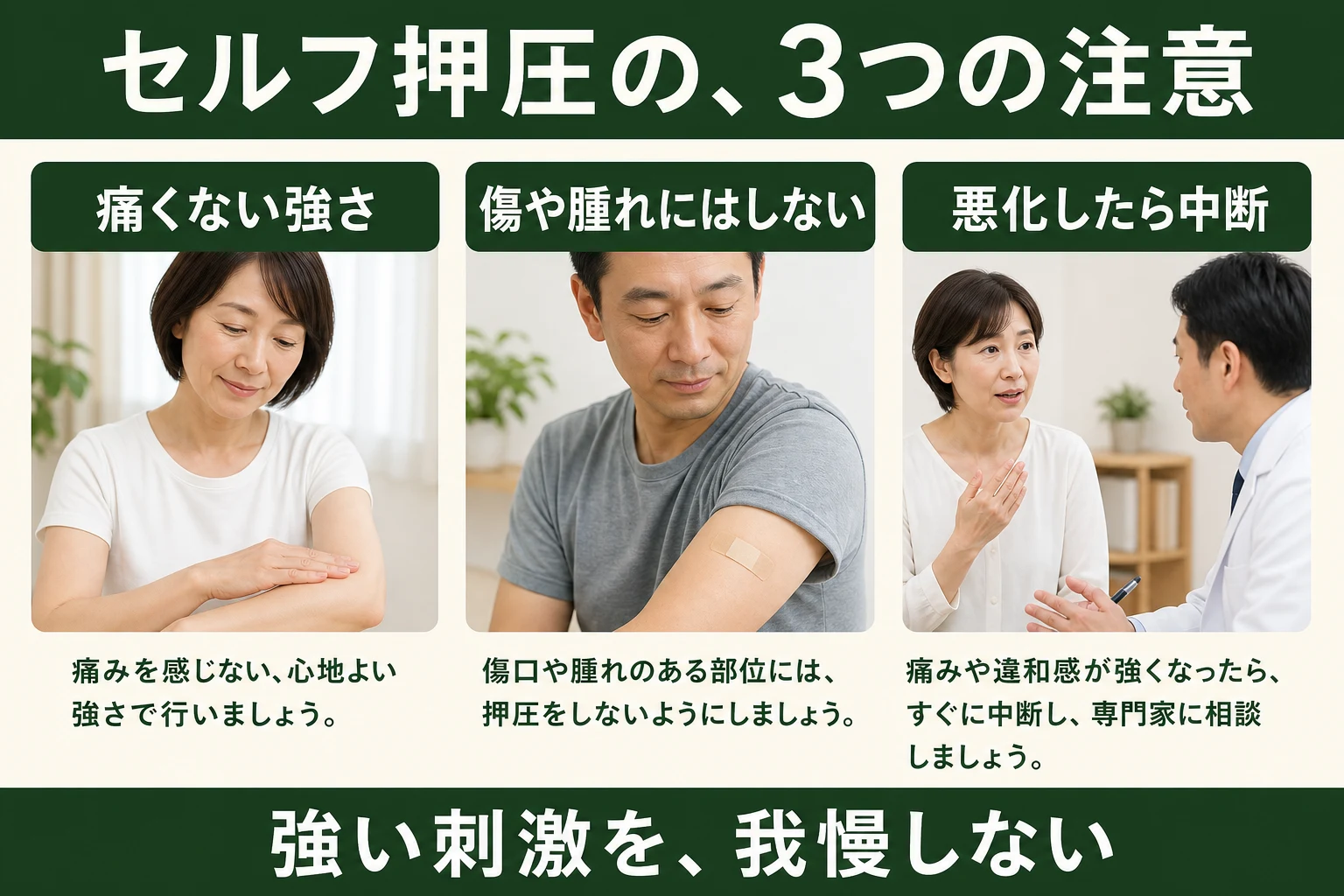 セルフ押圧の注意。痛くない強さ、傷や腫れにはしない、悪化したら中断。