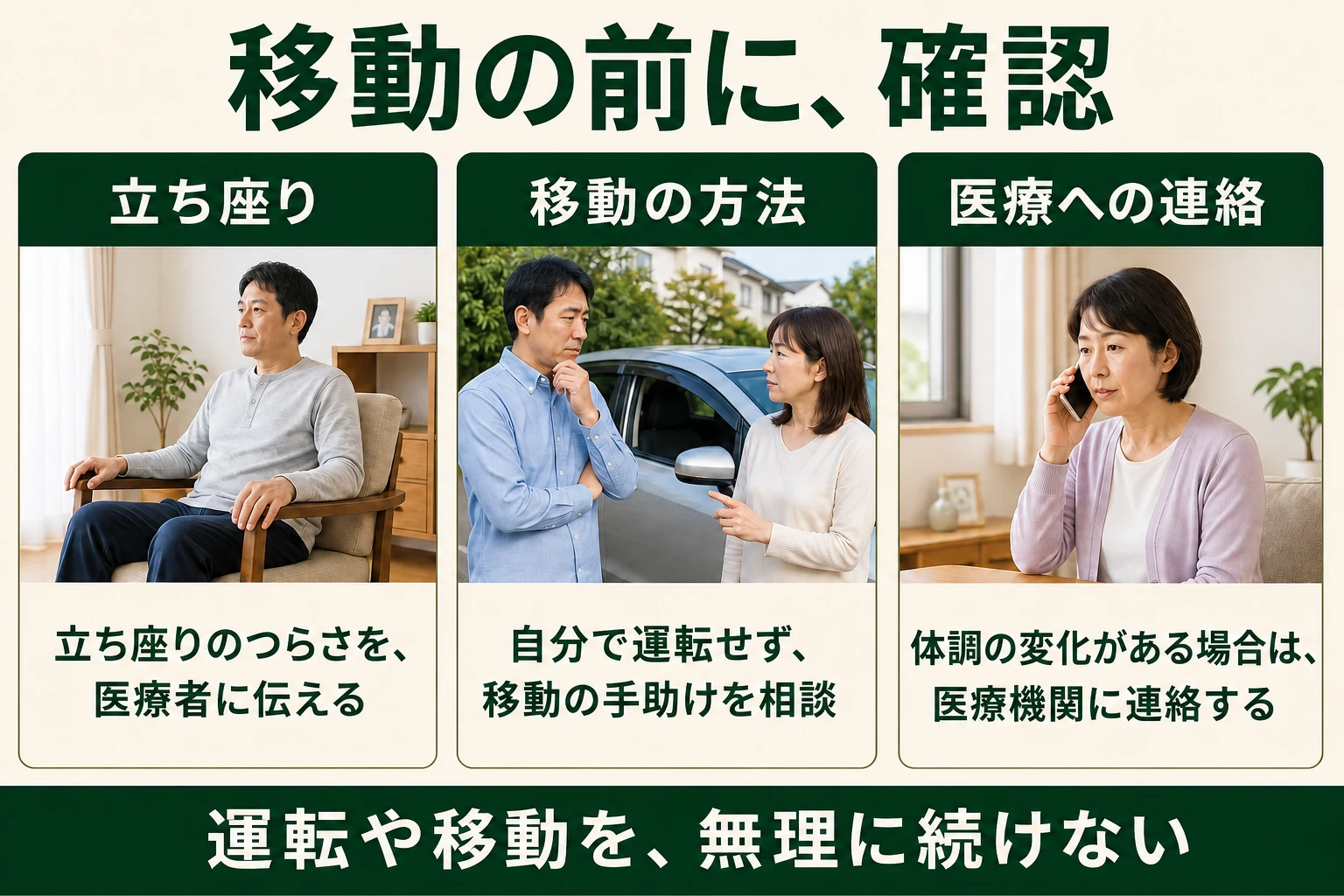 移動の前に確認。立ち座り、移動の方法、医療への連絡。自分で運転を無理に続けない。