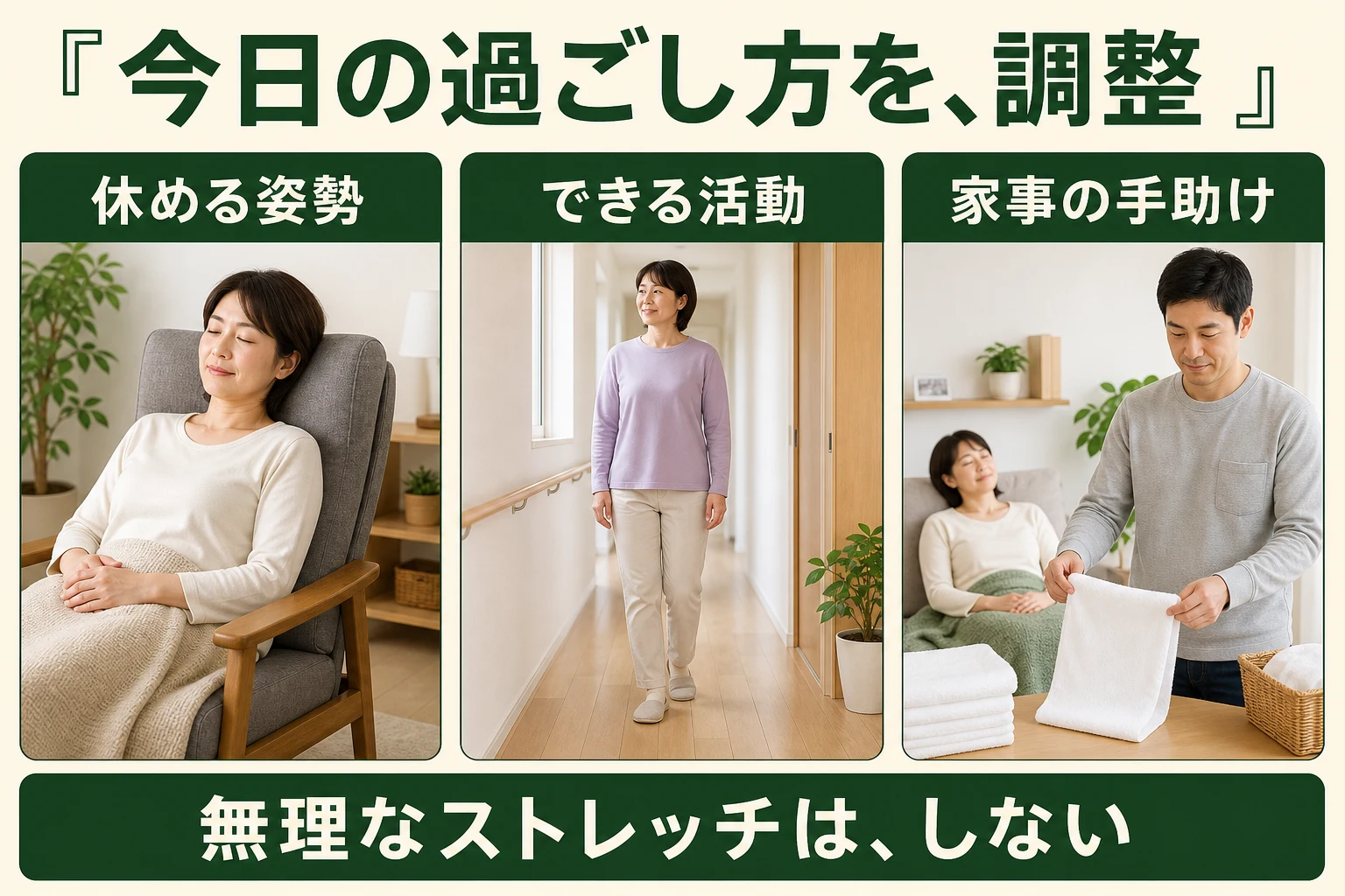 今日の過ごし方。休める姿勢、できる活動、家事の手助け。無理なストレッチはしない。