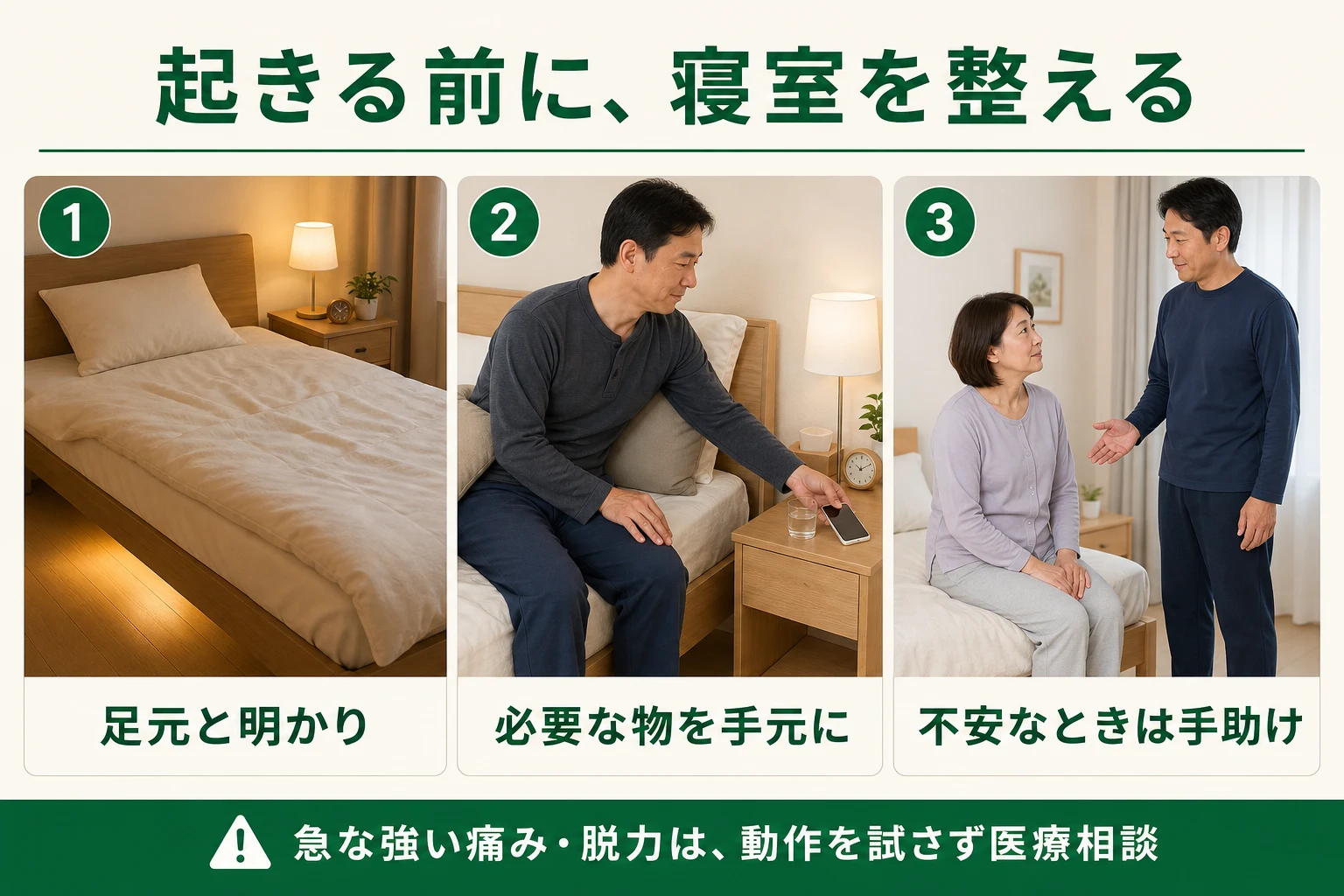 起きる前に寝室を整える。足元と明かり、必要な物を手元に、不安なときは手助け。急な強い痛み・脱力は医療相談。