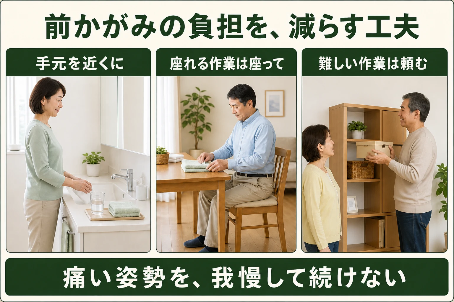 前かがみの負担を減らす工夫。手元を近くに、座れる作業は座って、難しい作業は頼む。