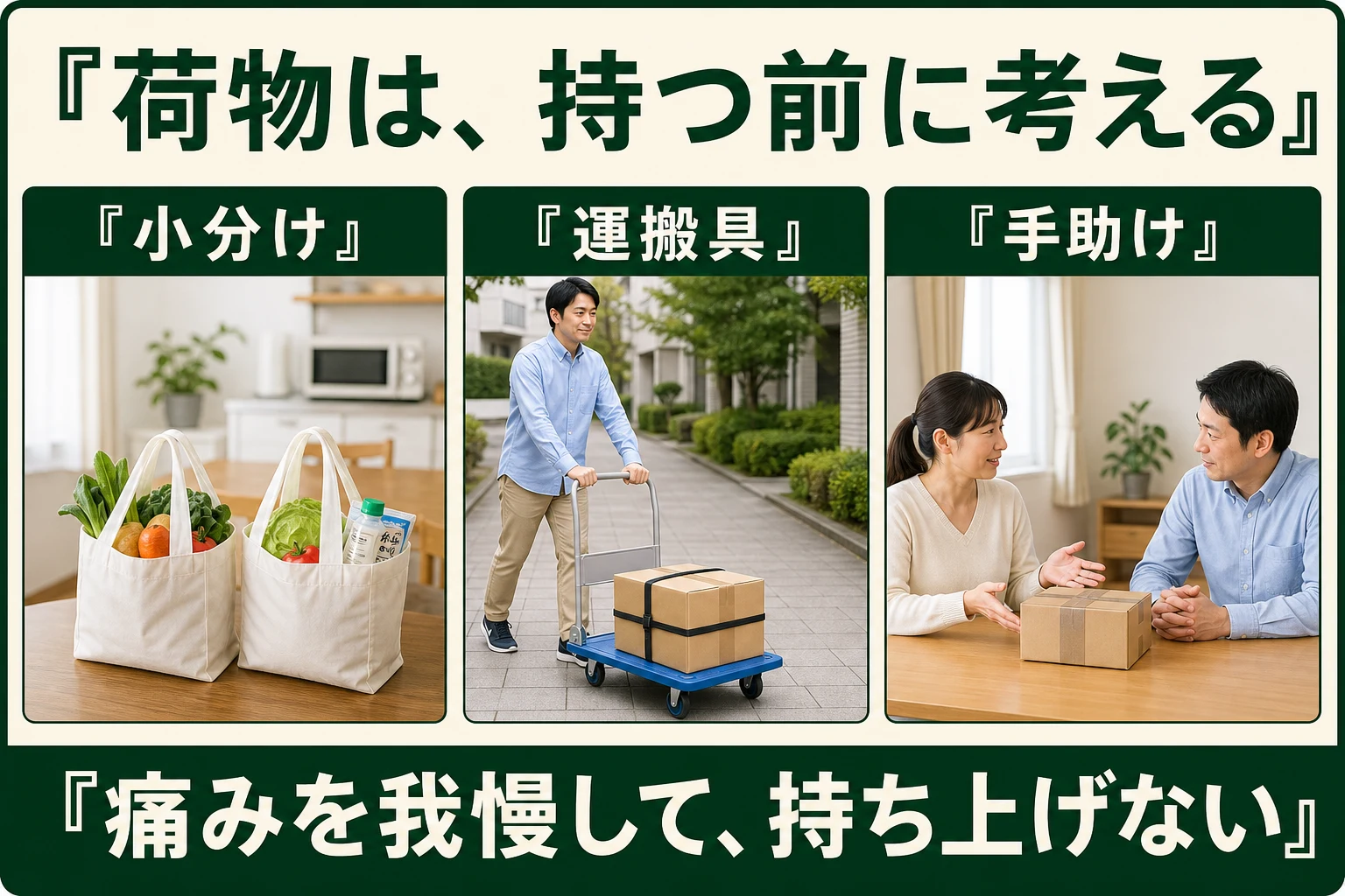 荷物は持つ前に考える。小分け、運搬具、手助け。痛みを我慢して持ち上げない。