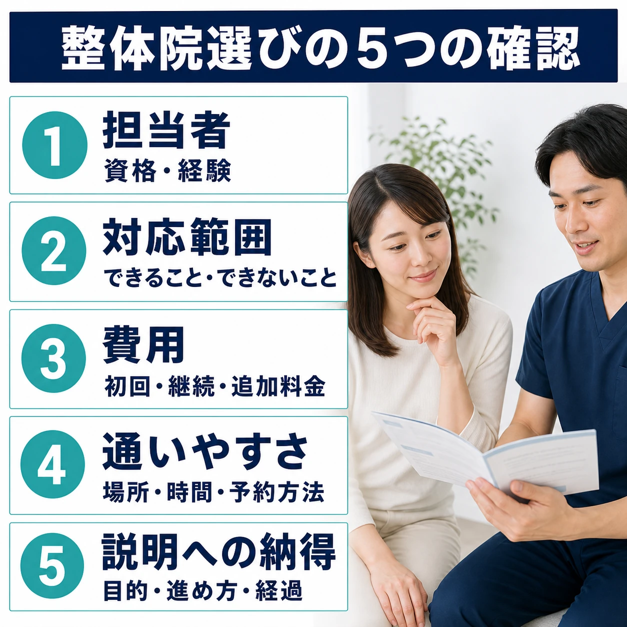 整体院選びの5つの確認。担当者の資格・経験、できること・できないこと、初回・継続・追加料金、場所・時間・予約方法、目的・進め方・経過。