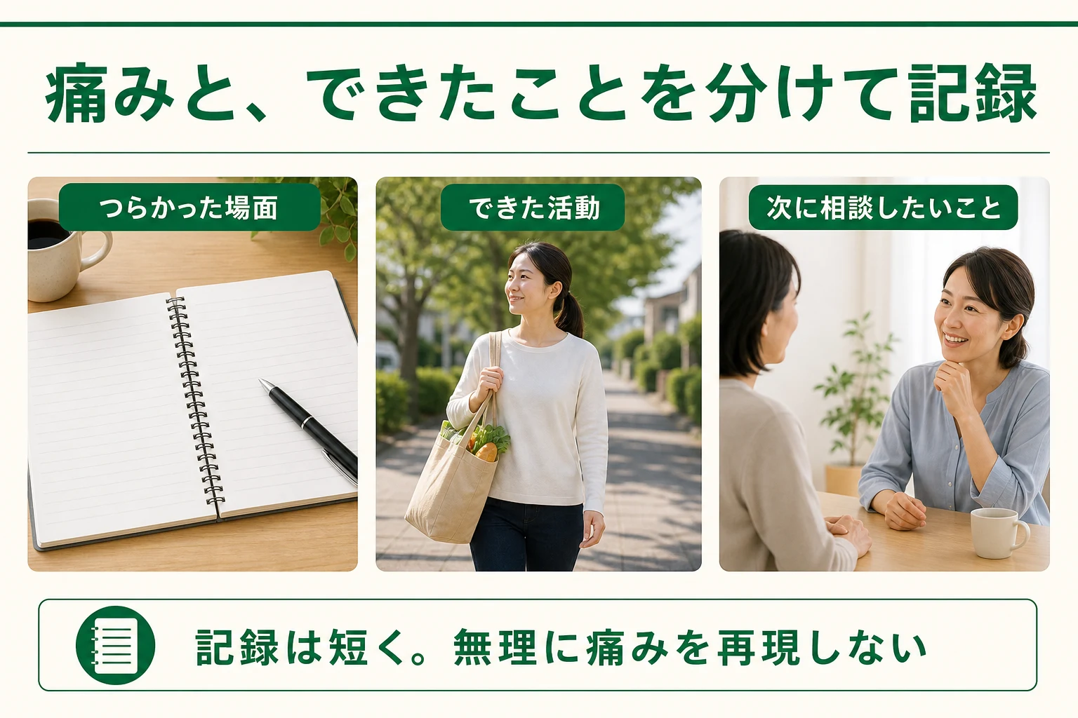 痛みとできたことを分けて記録。つらかった場面、できた活動、次に相談したいこと。無理に痛みを再現しない。