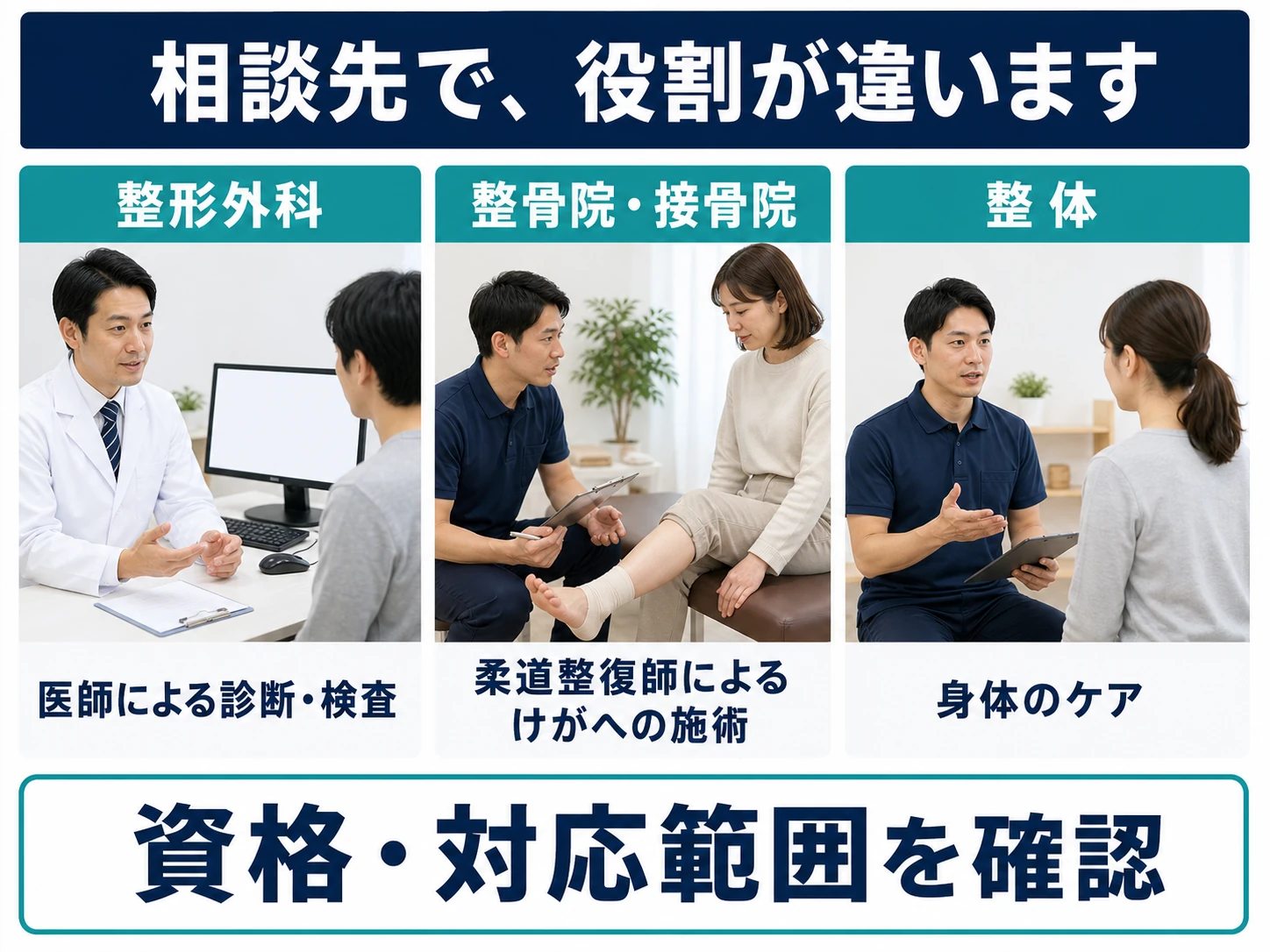 相談先で役割が違います。整形外科：医師による診断・検査。整骨院・接骨院：柔道整復師によるけがへの施術。整体：身体のケア。資格・対応範囲を確認。