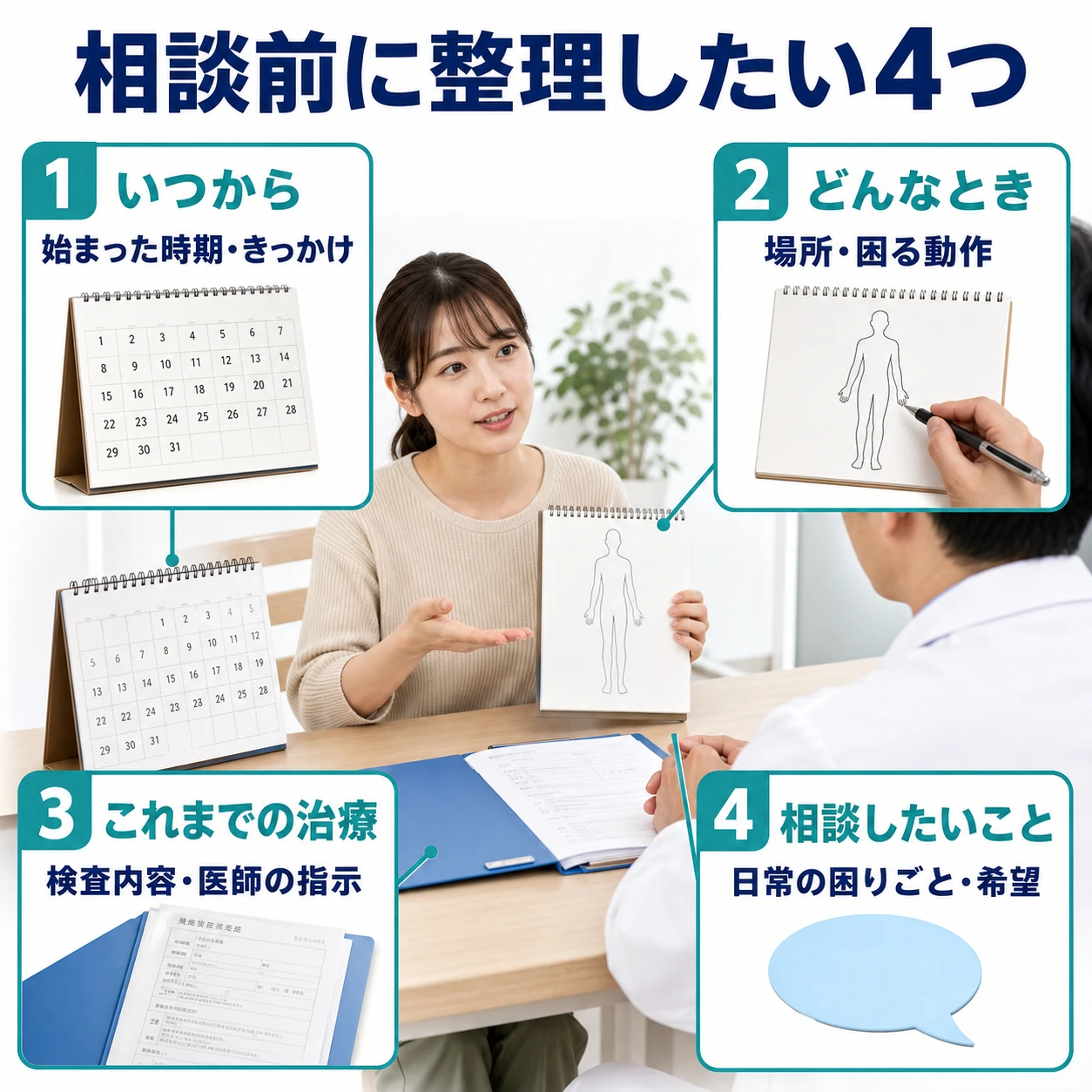 相談前に整理したい4つ。1 いつから:始まった時期・きっかけ。2 どんなとき:場所・困る動作。3 これまでの治療:検査内容・医師の指示。4 相談したいこと:日常の困りごと・希望。