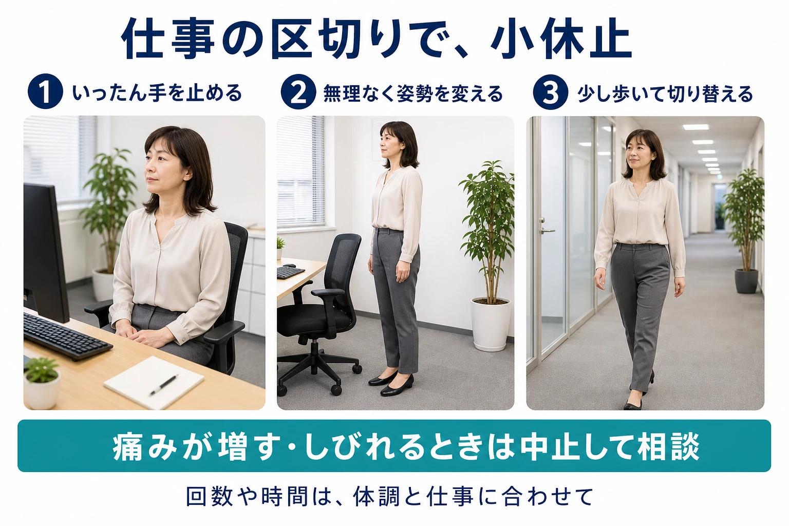 仕事の区切りで小休止。1 いったん手を止める。2 無理なく姿勢を変える。3 少し歩いて切り替える。痛みが増す・しびれるときは中止して相談。回数や時間は体調と仕事に合わせて。
