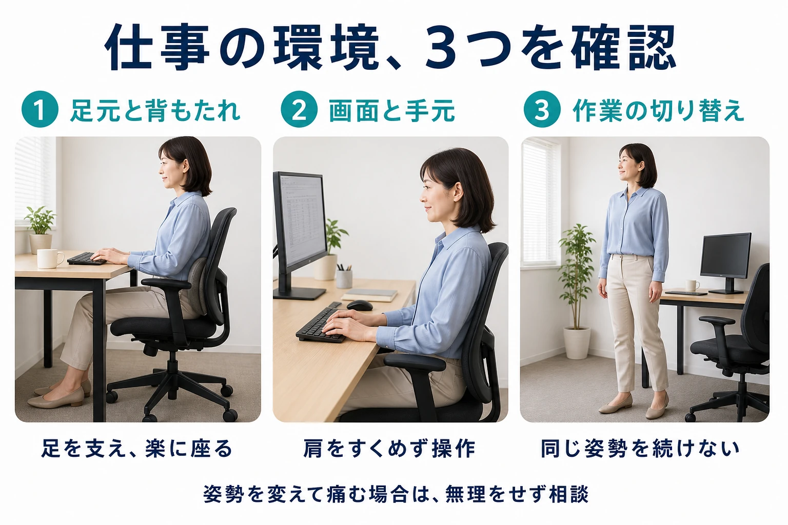 仕事の環境、3つを確認。1 足元と背もたれ：足を支え、楽に座る。2 画面と手元：肩をすくめず操作。3 作業の切り替え：同じ姿勢を続けない。姿勢を変えて痛む場合は無理をせず相談。