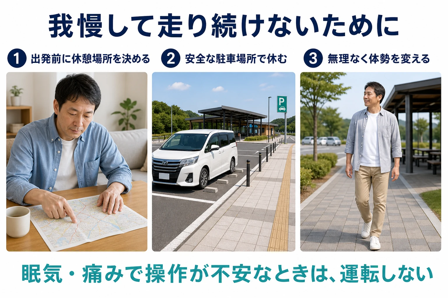 我慢して走り続けないために。1 出発前に休憩場所を決める。2 安全な駐車場所で休む。3 無理なく体勢を変える。眠気・痛みで操作が不安なときは運転しない。