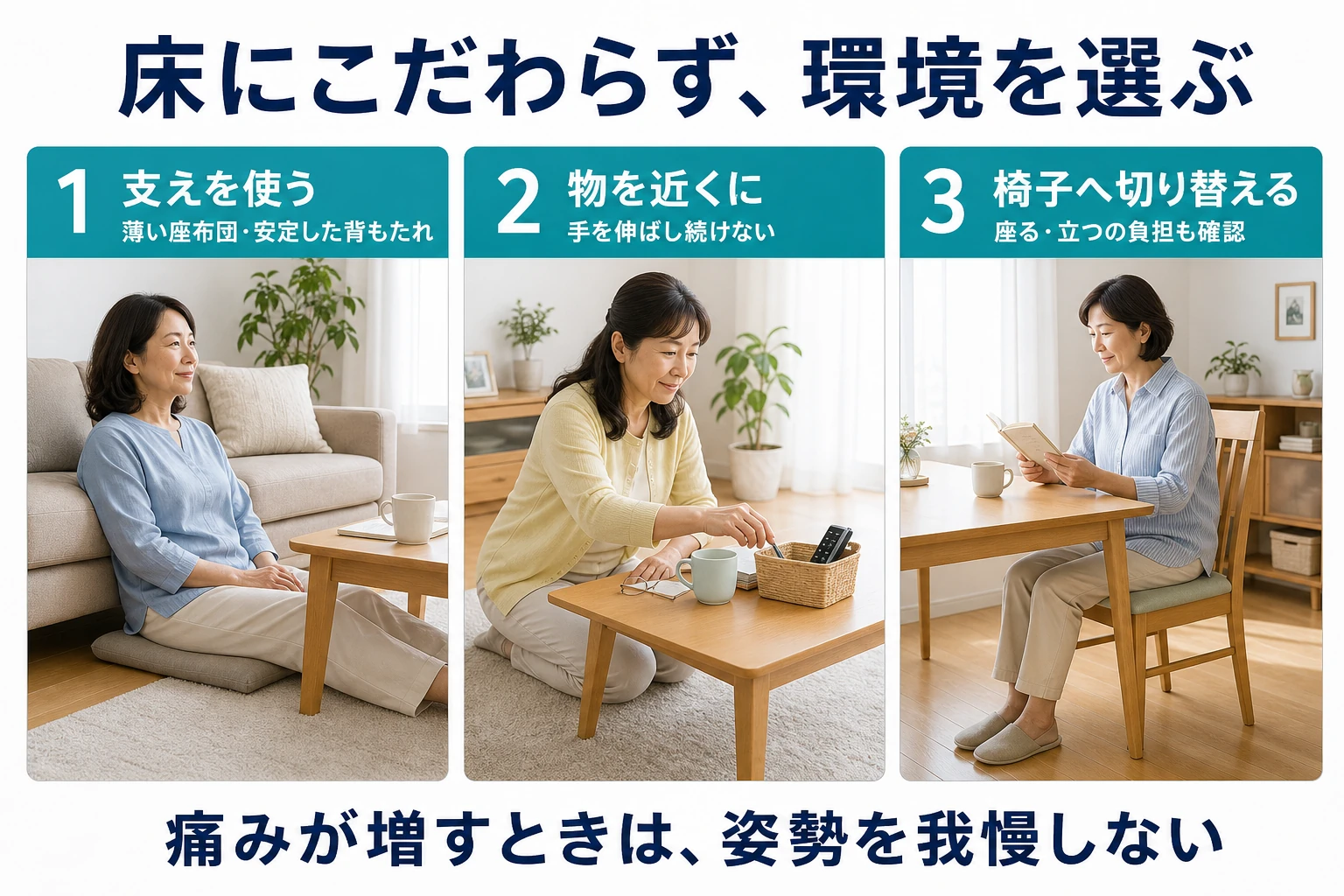 床にこだわらず、環境を選ぶ。1 支えを使う:薄い座布団・安定した背もたれ。2 物を近くに:手を伸ばし続けない。3 椅子へ切り替える:座る・立つの負担も確認。痛みが増すときは姿勢を我慢しない。