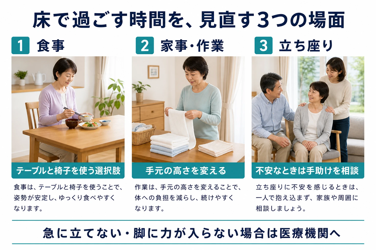 床で過ごす時間を見直す3つの場面。食事:テーブルと椅子を使う選択肢。家事・作業:手元の高さを変える。立ち座り:不安なときは手助けを相談。急に立てない・脚に力が入らない場合は医療機関へ。