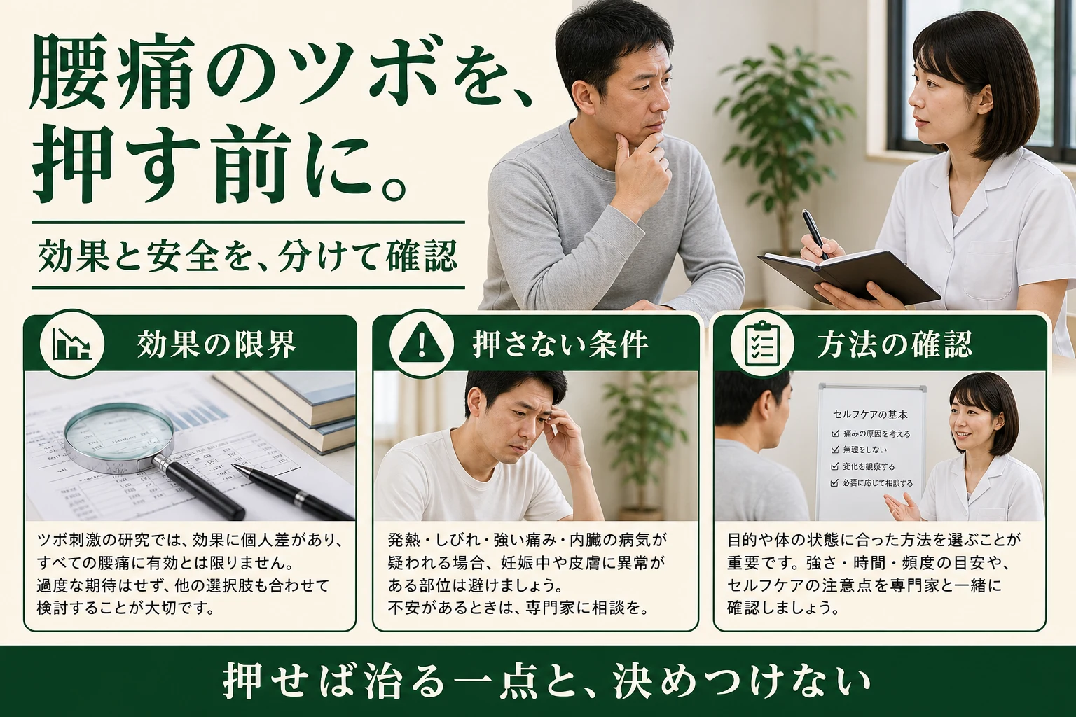 腰痛のツボを押す前に。効果の限界、押さない条件、方法の確認。