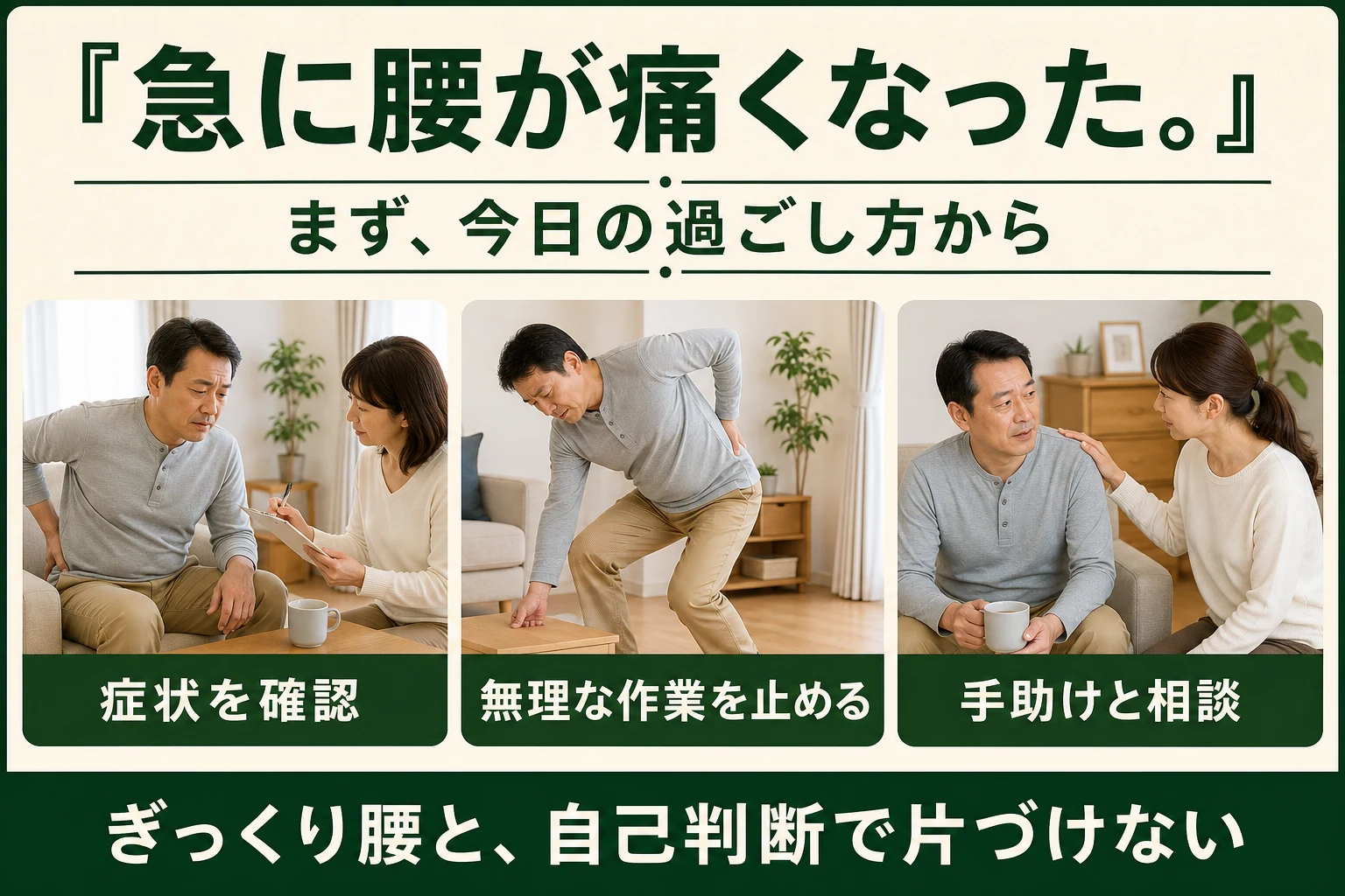 急に腰が痛くなった。症状を確認、無理な作業を止める、手助けと相談。