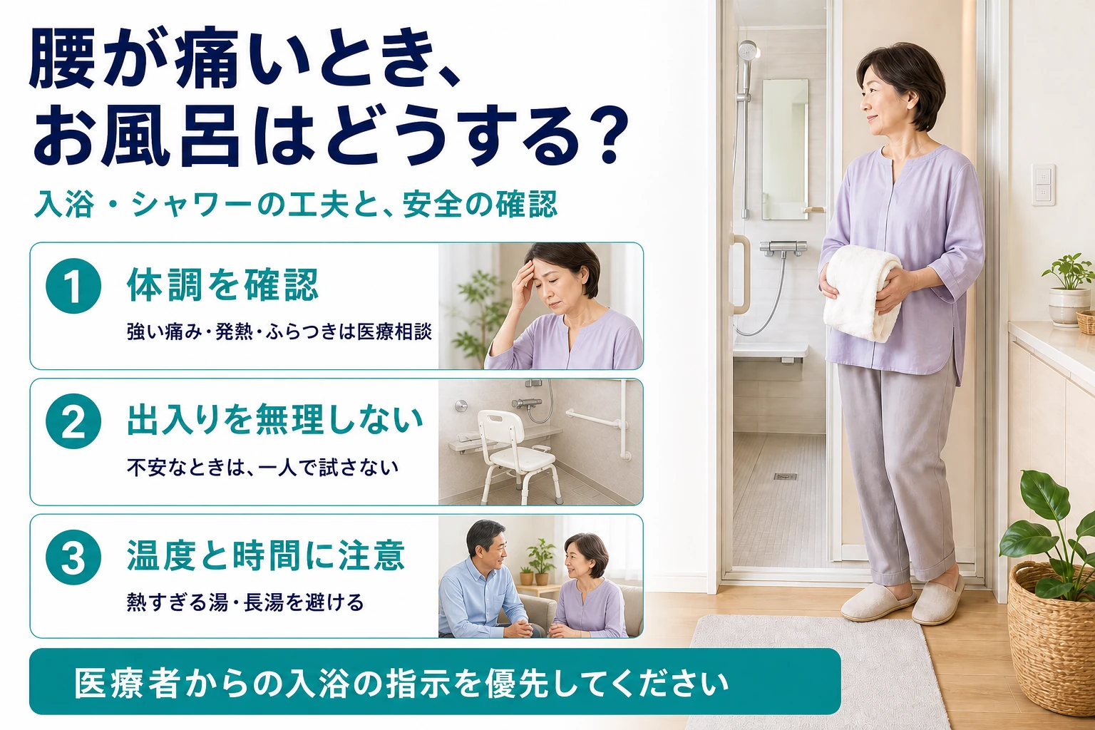 腰が痛いとき、お風呂はどうする? 入浴・シャワーの工夫と安全の確認。体調を確認:強い痛み・発熱・ふらつきは医療相談。出入りを無理しない:不安なときは一人で試さない。温度と時間に注意:熱すぎる湯・長湯を避ける。医療者からの入浴の指示を優先してください。