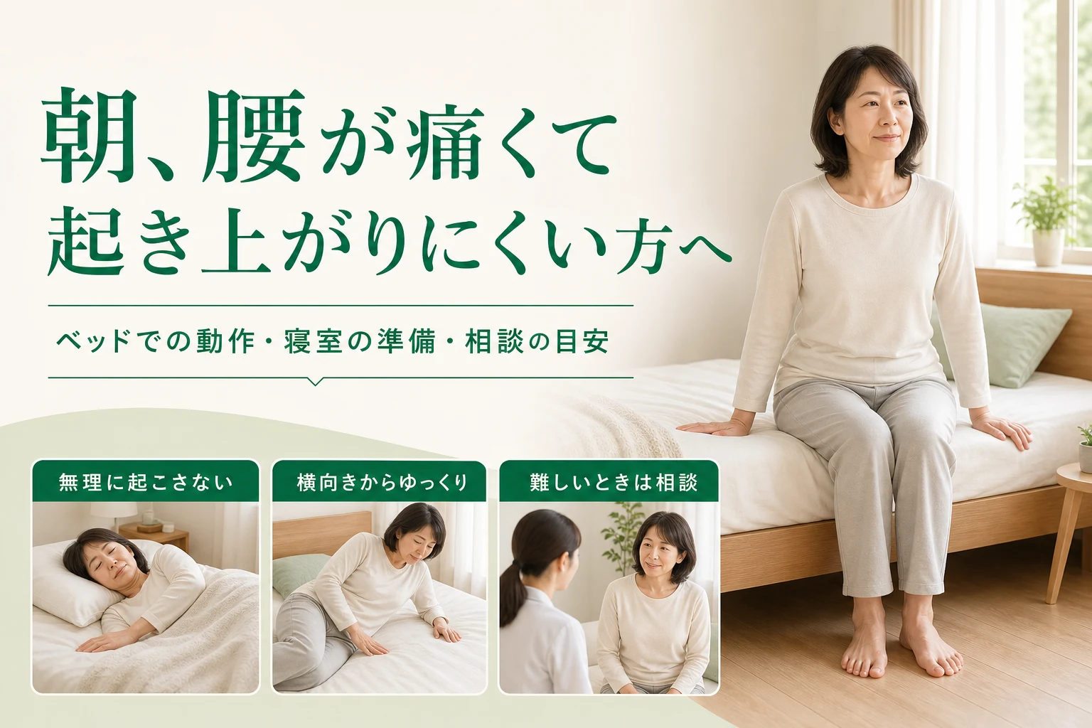 朝、腰が痛くて起き上がりにくい方へ。ベッドでの動作、寝室の準備、相談の目安。