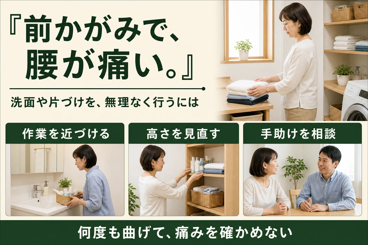前かがみで腰が痛い。作業を近づける、高さを見直す、手助けを相談。