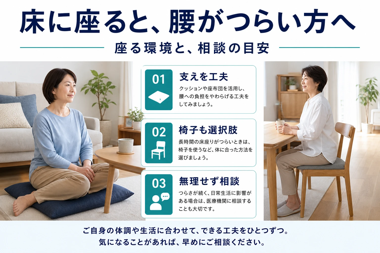 床に座ると、腰がつらい方へ。座る環境と、相談の目安。支えを工夫・椅子も選択肢・無理せず相談。