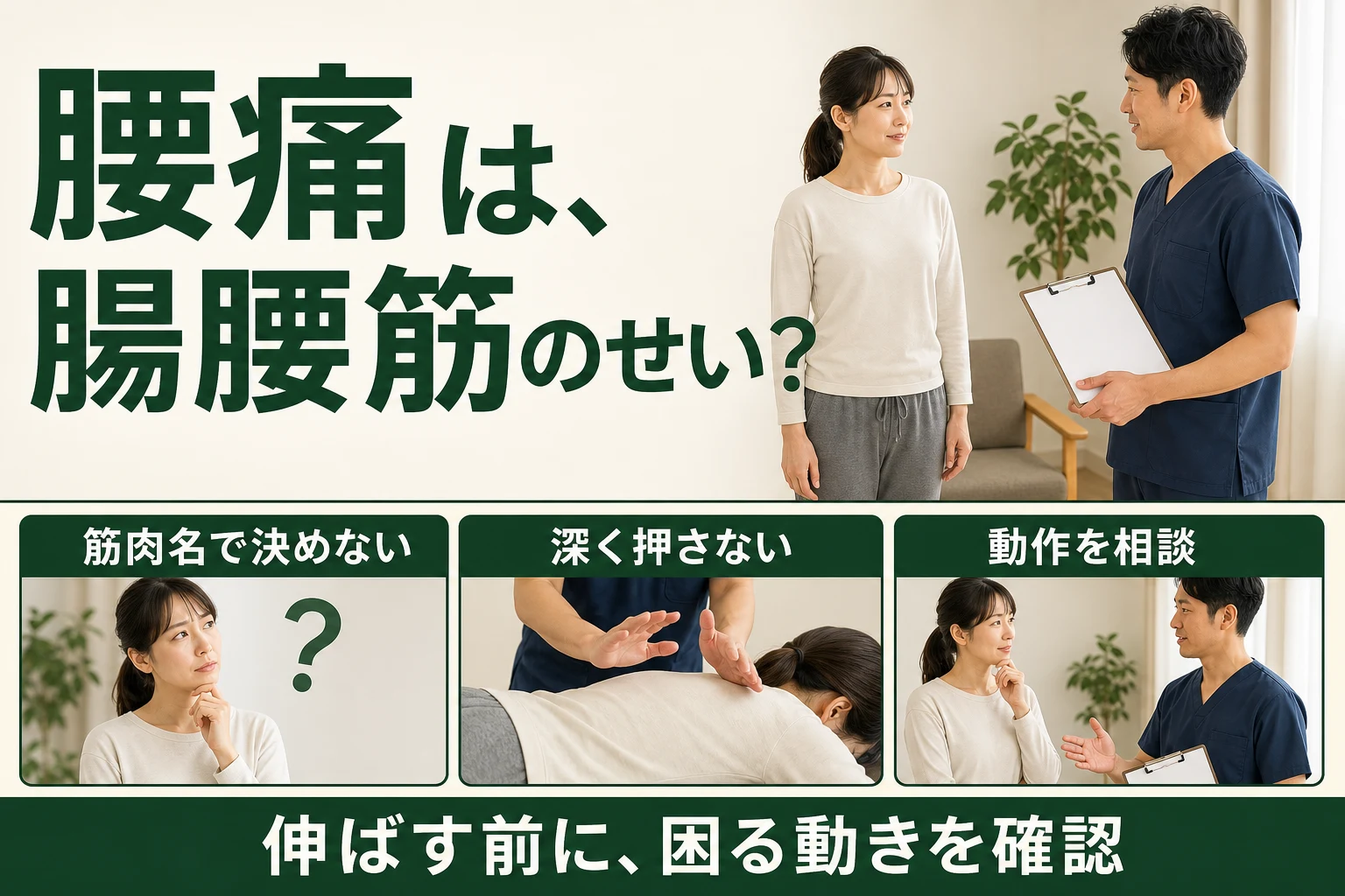 腰痛は腸腰筋のせい？ 伸ばす前に困る動きを確認。筋肉名で決めない、深く押さない、動作を相談。